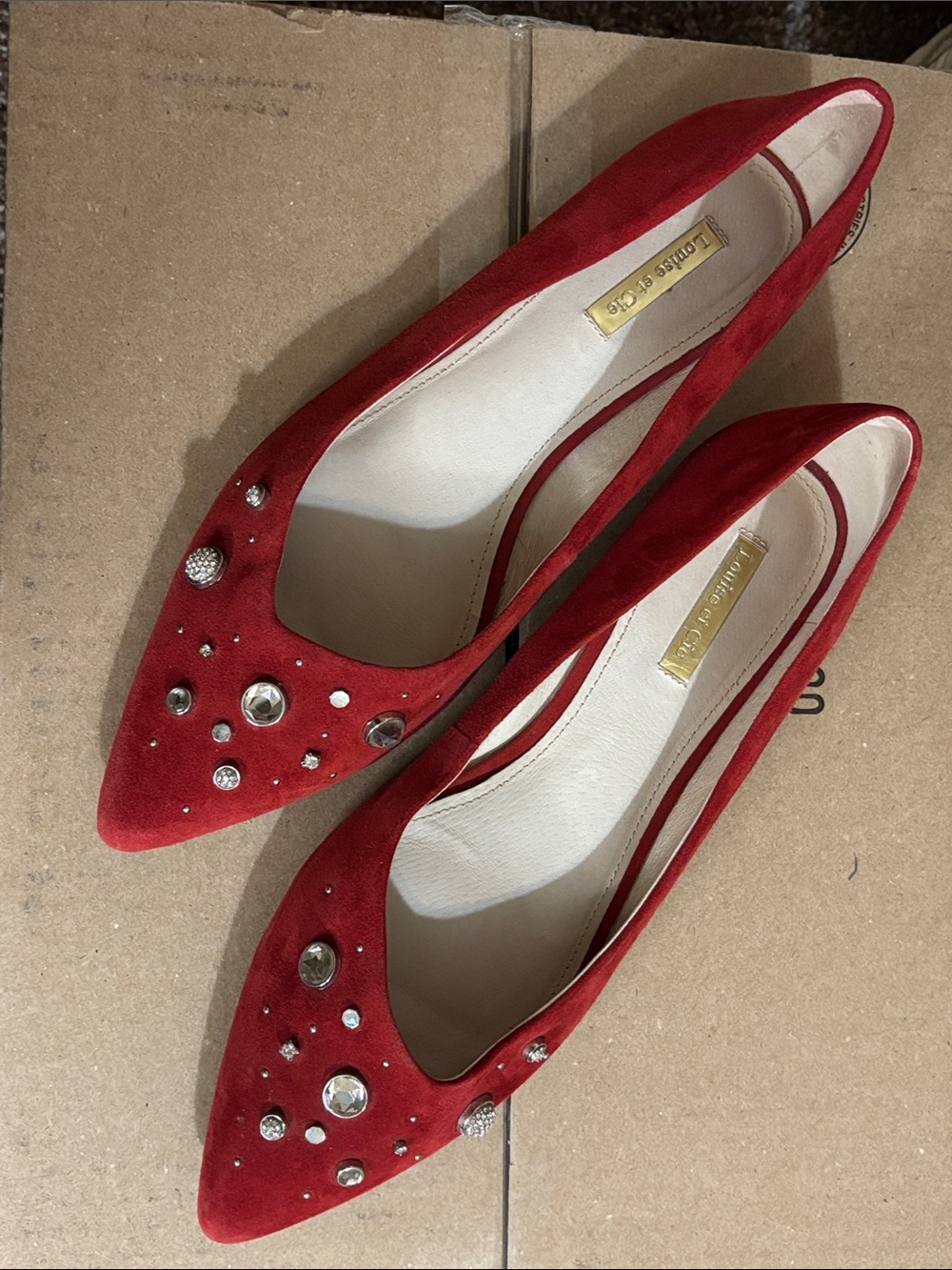 Louise et Cie Red Suede Pointed Toe Flats with Crystal Studs100% Leather